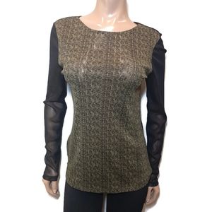 💜 CLEO Sheer Mesh Long Sleeve Top Chevron Print Stretchy Pullover Yellow Black